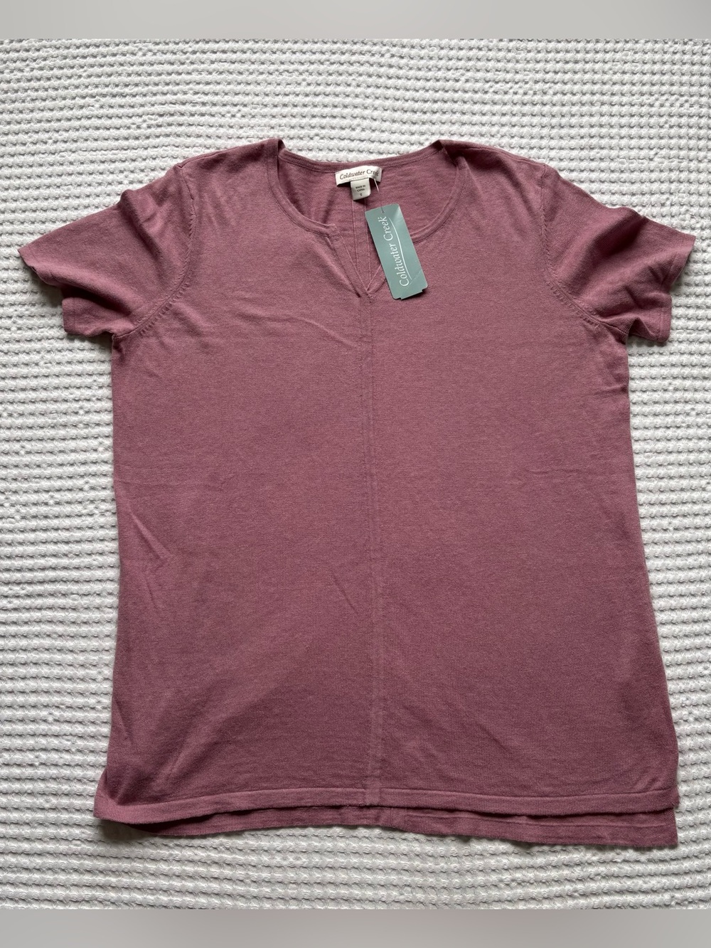 NWT Coldwater Creek Notch Neck Linen Cotton Short Sleeve Sweater Top Mauve - S